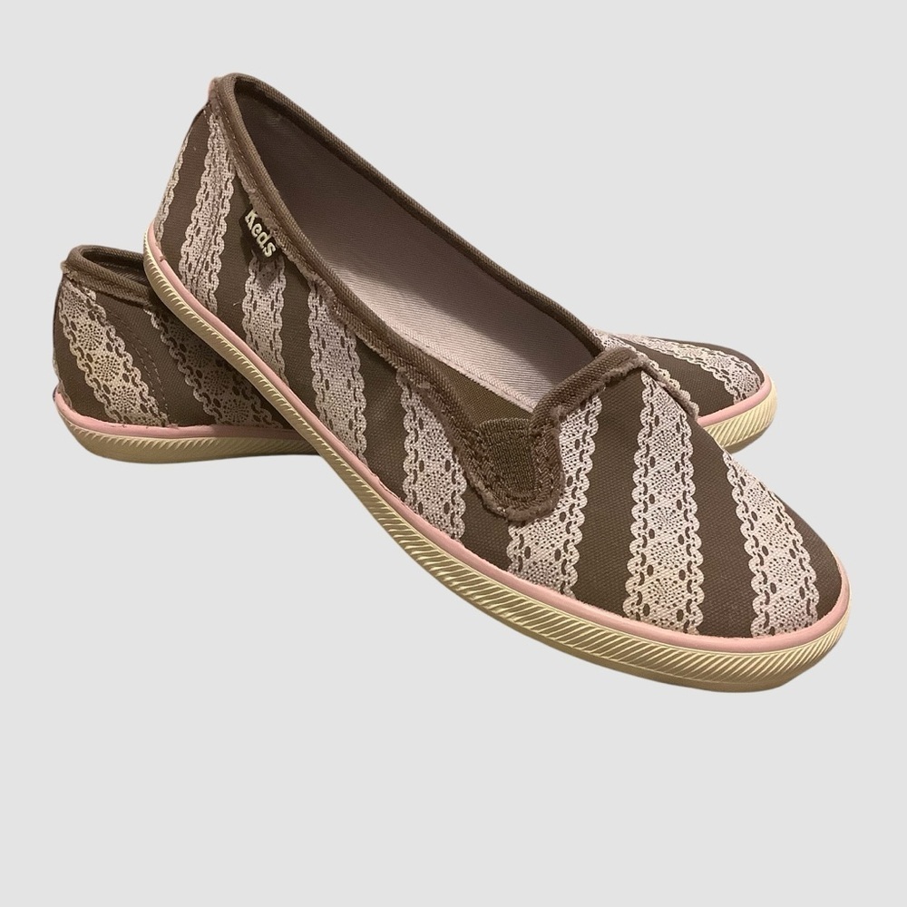 Keds Brown and Pink Flats with Striped Lace Print Design/ Size 6.5